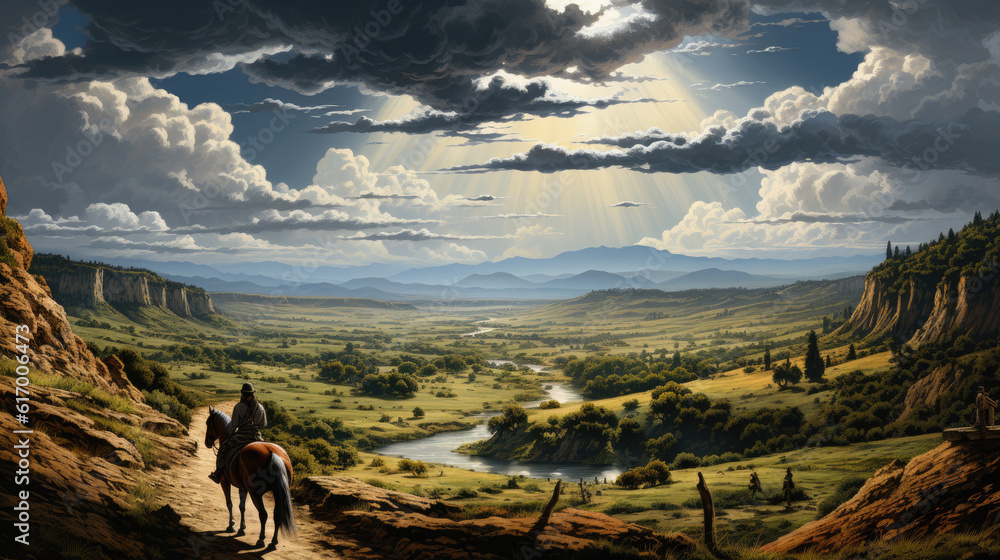 Obraz premium Generative ai illustration of horseman on top of a hill, detailed, path up the hill, vast landscape