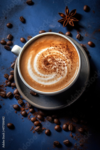 Cappuccino Coffee Mug with Coffee Beans and Other Ingredients Around It Food Photography Cozy Winter Generative AI