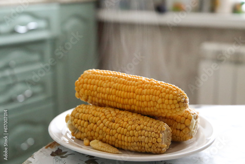 hot boiled corn steam comes out of it
