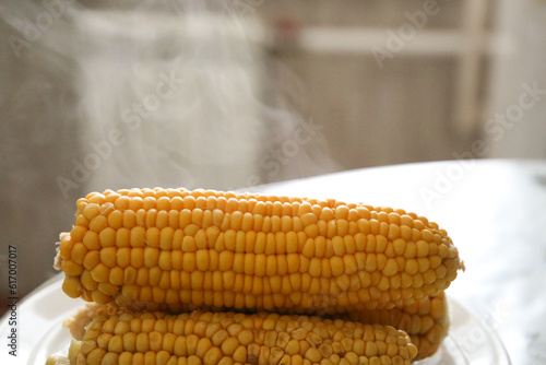 hot boiled corn steam comes out of it