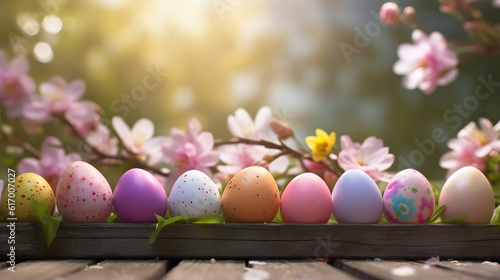 Different color of easter eggs with different flower on blue background created with Generative AI