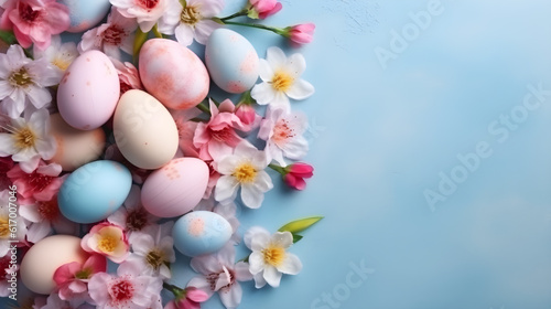 Different color of easter eggs with different flower on blue background created with Generative AI