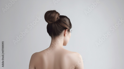 Photo Mulher com penteado de coque em fundo cinza