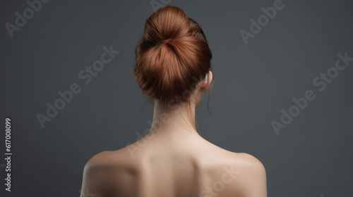 Mulher com penteado de coque em fundo cinza. Costas, ombros e pescoço nus. Vista traseira, fundo branco