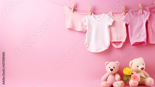 varal com roupas de bebê em fundo rosa com espaço para texto