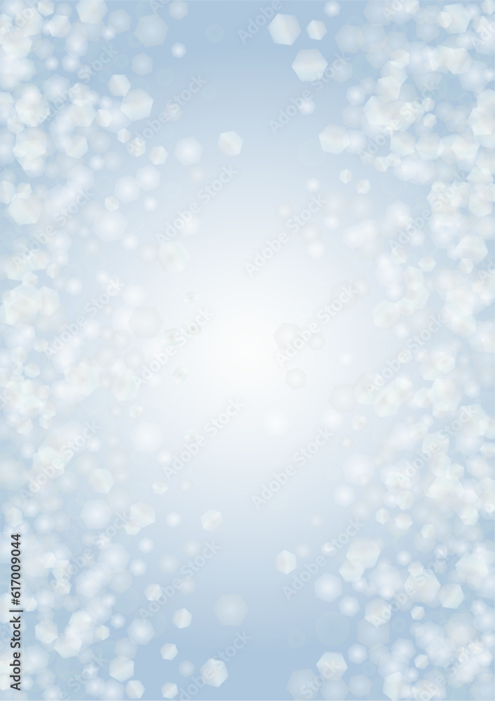 Vector Magical Glowing Background with Silver and Purple Falling Hexagon on Blue. Falling Snow. Glittery Confetti Frame. Christmas and New Year Design. Winter Sky with Bokeh Snowfall.