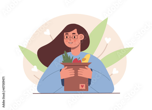 Female vector character in glasses collect donations for volunteer organization. Charitable activities to support needy. Social active youth. Color illustration in flat style