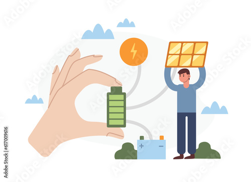 Transformation and accumulation of solar energy. Solar panels for human life support. Charging batteries. Eco friendly urban infrastructure. Color vector illustration in flat style