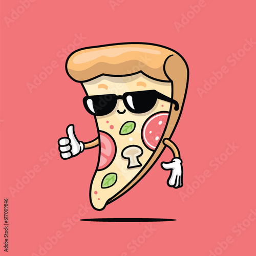Cool pizza slice mascot with sunglasses showing a thumb up vector illustration