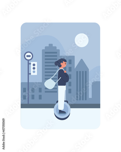 Vector women using modern eco friendly transport. Female character rushes through city on gyroscooter in evening. Alternative to standard cars. Personal transport on electric battery