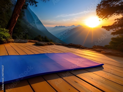 Yoga mat on wooden floor with mountain background .generative AI