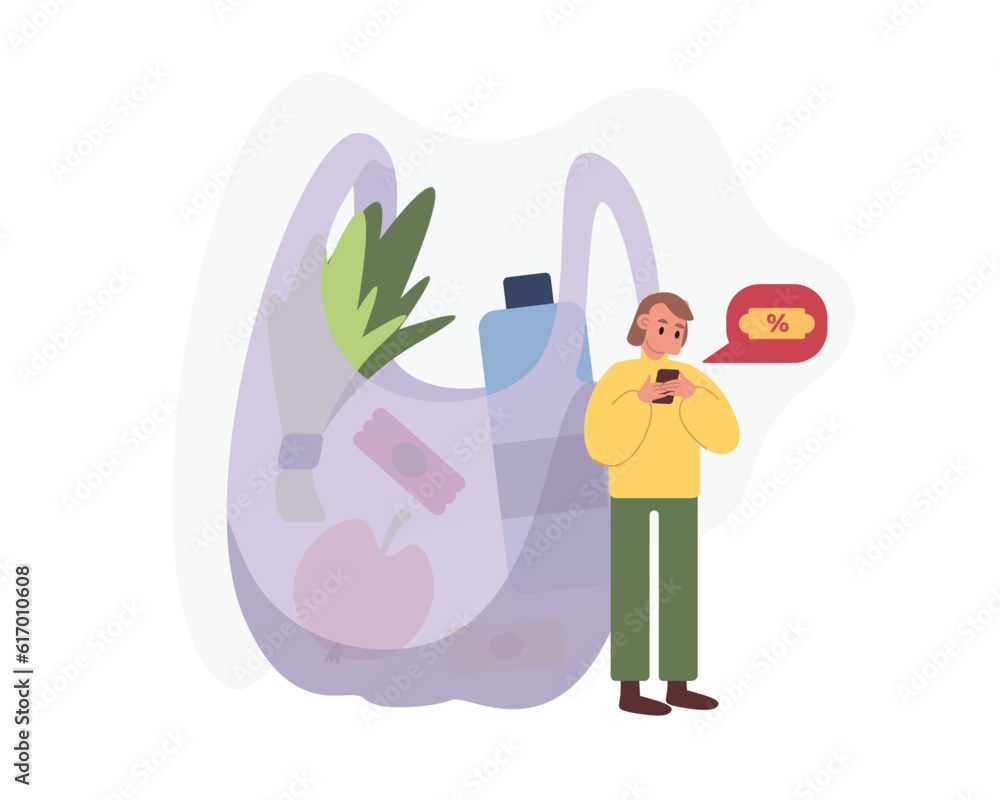 Φωτογραφία Cartoon character looking at coupon on phone in front of bag of food