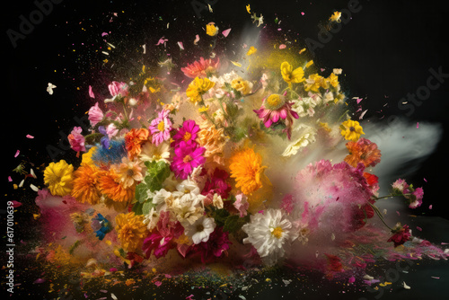Exploding colorful bouquet of flowers on black background.