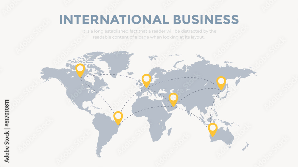 Pins on a world map in vector style. International busines communication concept. Global connections illustration.