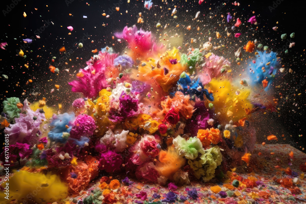 Exploding colorful bouquet of flowers on black background.