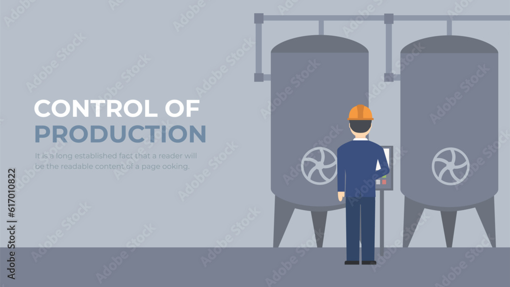 Worker controls quality production with technology. Engineer check for compliance with requirements illustration. Increasing production efficiency flat vector.