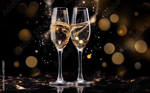 Two champagne glasses on a blurred gold background