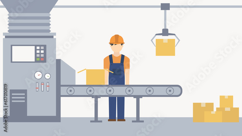 Conveyor with parcels, a man packs packages vector. Shipping, factory or manufacturing plant, delivery service illustration. 
