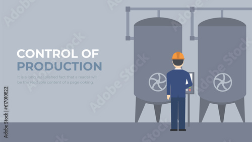 Worker controls quality production with technology. Engineer check for compliance with requirements illustration. Increasing production efficiency flat vector.