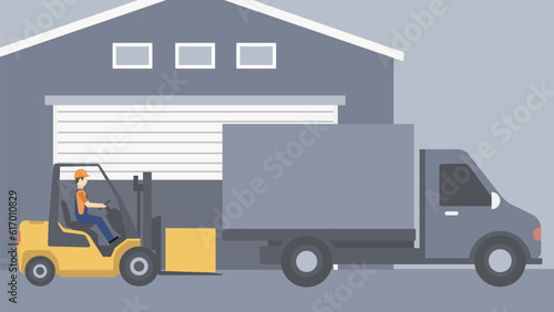 Logistics and cargo delivery concept. A forklift and a truck near the warehouse. Unloading or loading goods. 