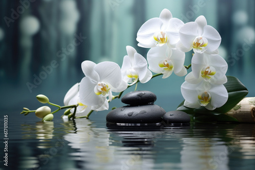  White orchid flowers in water, spa concept Generative AI