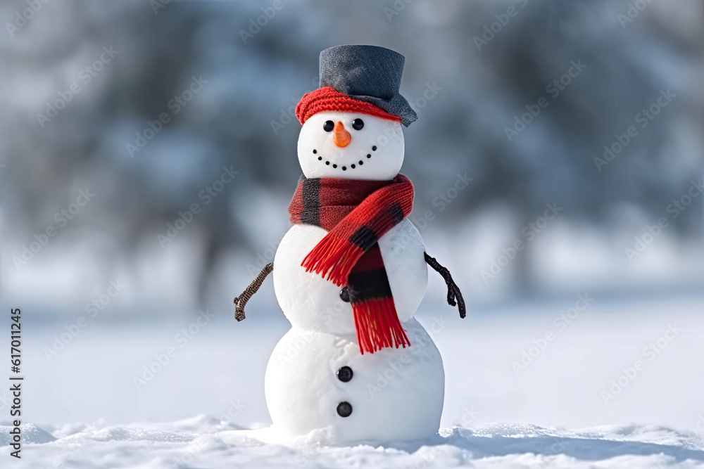Smiling snowman outside wearing top hat and red and black scarf.