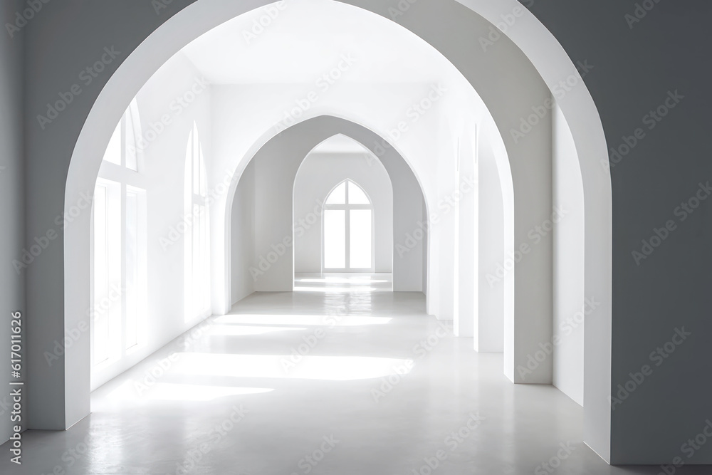 White corridor with arches, window, shadows and sun light
