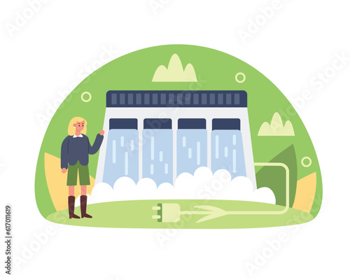 Female character demonstrates operation of hydroelectric plant. Principles of converting kinetic energy into electrical energy. Waterfalls that give us electricity