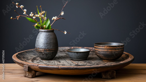 The idea of decorating the room space with handmade wabi-sabi style ceramics, AI generated,