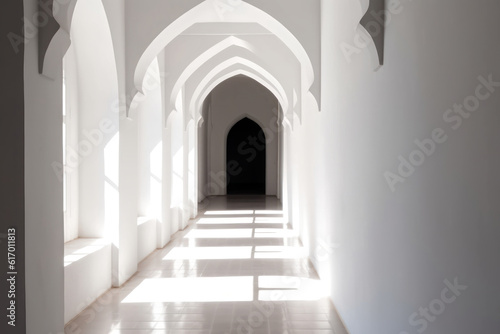 White corridor with arches and doorway at the end, sunlight and shadows. 