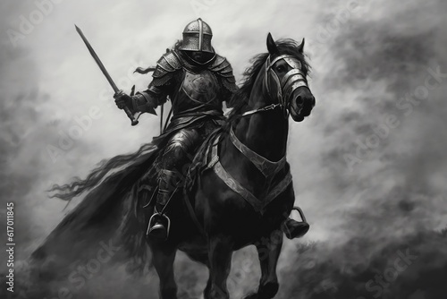 Obraz na płótnie Medieval Warrior Riding a Horse Illustration Asset for Historical Themes, Genera