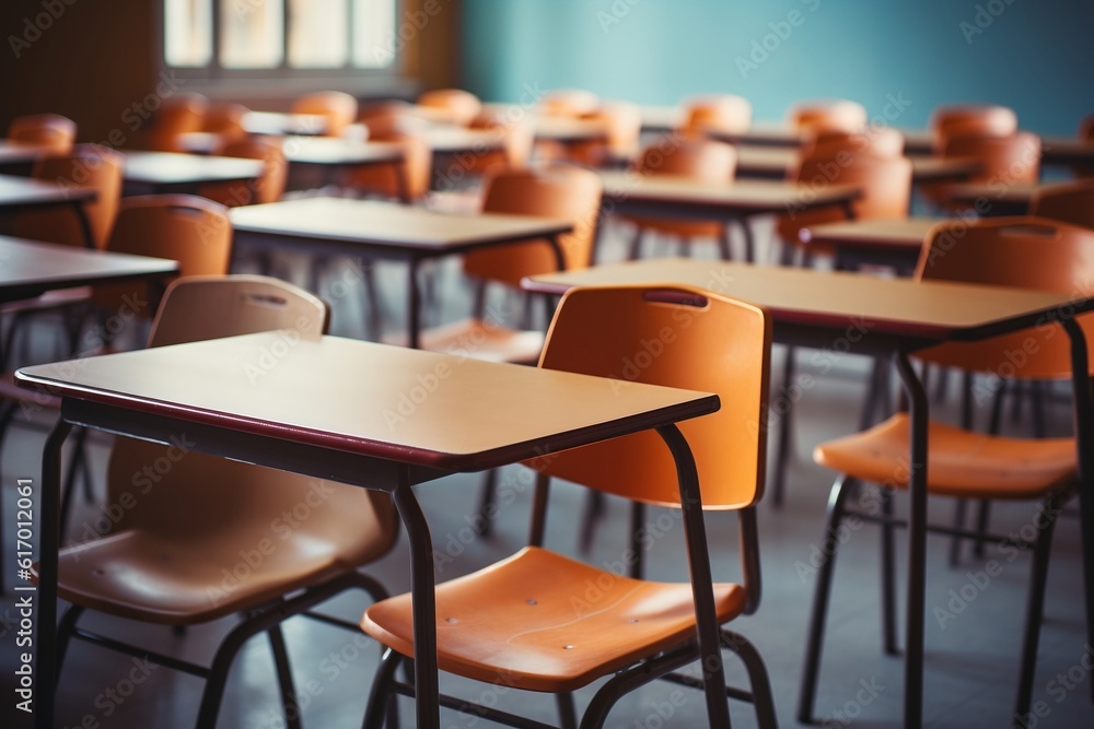 Education Concept: Empty Classroom with Tables and Chairs, Blurred Background. AI