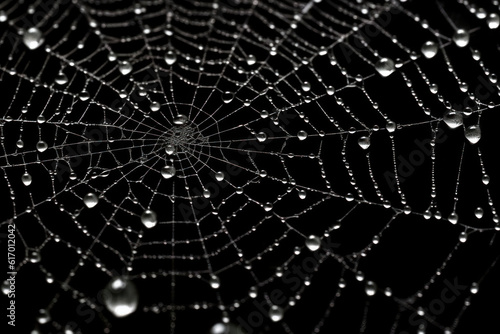 Spiderweb covered in water droplets on black background.