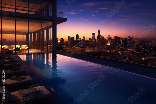 A wide-angle photograph of a modern rooftop pool situated in a city. The shot is taken during twilight, with the city lights creating a shimmering backdrop.