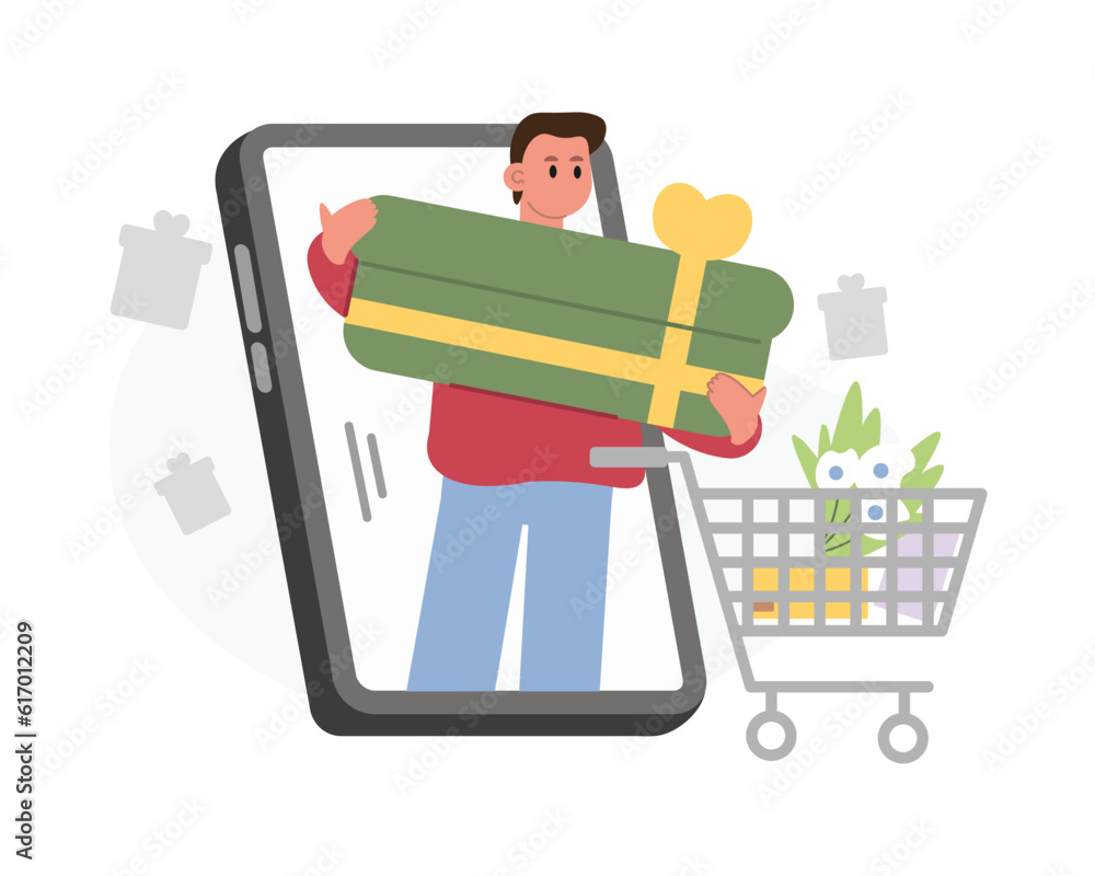 Cartoon male character doing mobile online shopping. Shopping in gift shop. Beautiful order packaging, fast delivery. Flowers and gifts for loved ones. Simple way to buy essentials before holidays