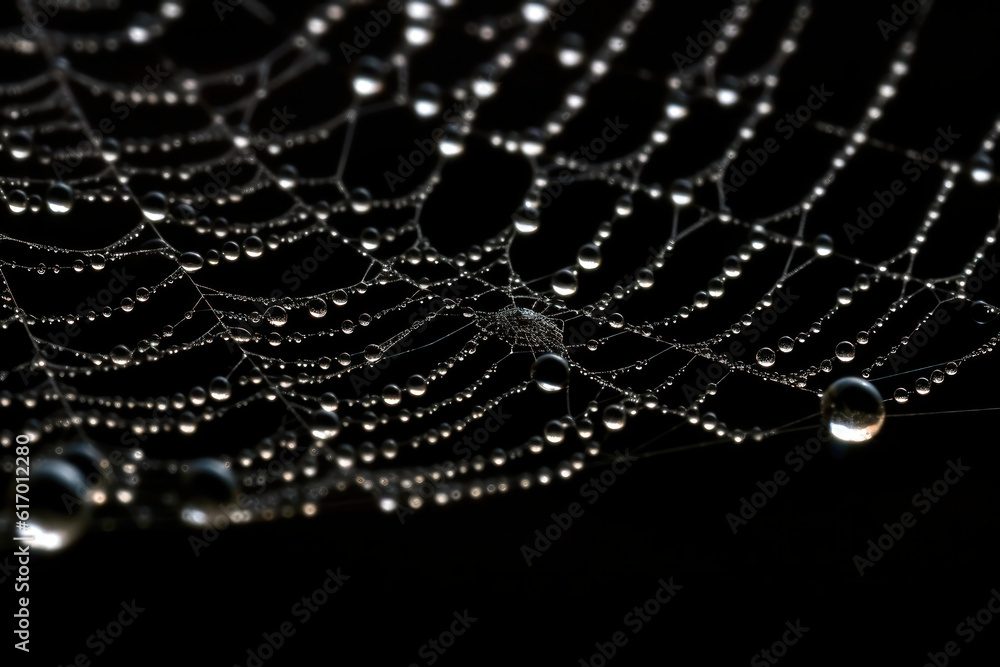 Close image of spiders web with water droplets on black background. - obrazy, fototapety, plakaty 