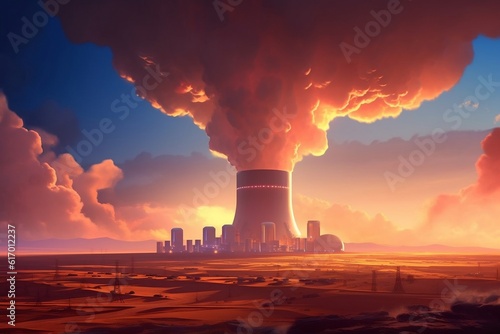 Nuclear Power Plant with Steam Energy Generation and Technology Concept - Illustration Asset for Industrial Themes. Generative AI