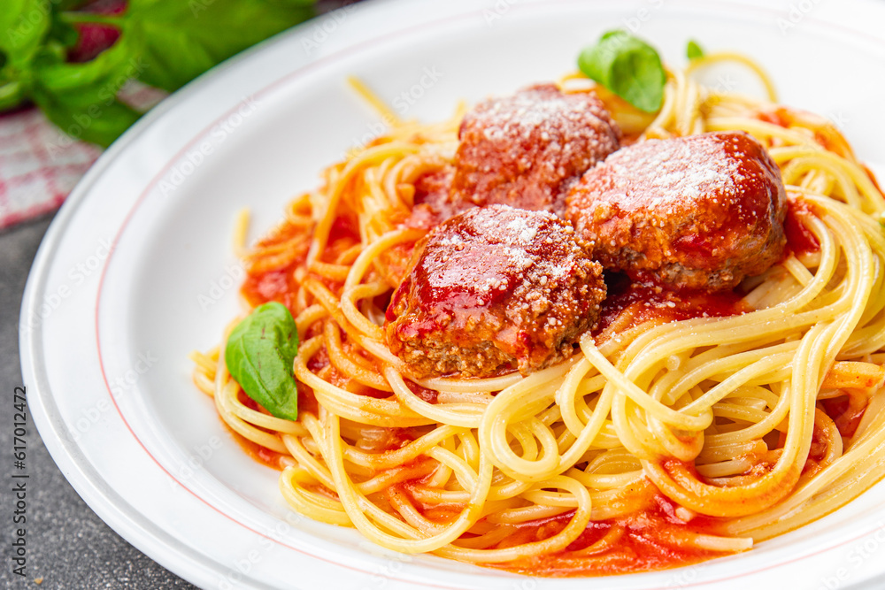 spaghetti pasta meatball tomato sauce fresh dish meal food snack on the table copy space food background rustic top view spaghetti pasta meatball tomato sauce fresh dish meal food snack on the table copy space food background rustic top view