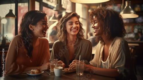Three friends chatting in a cafe  smiling