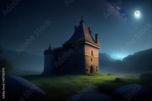 Old fairytale castle on a quiet moonlit night.
