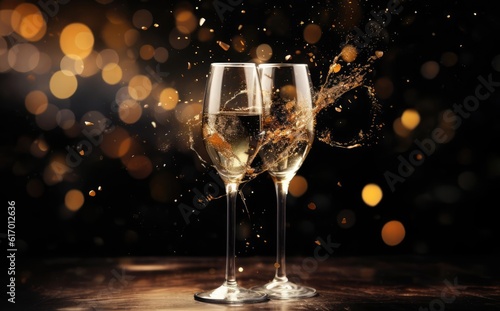 Two champagne glasses on a blurred gold background