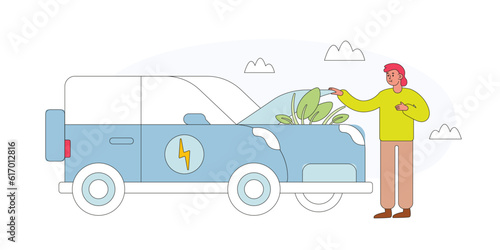 Female character check operation of electric car. Need to recharge and replace battery. Sustainable transportation services. Woman check trunk. Color vector line drawing
