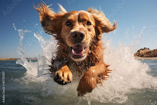 Happy dog playing on the beach early in the morning, panorama, nice view, sea landscape, morning light. Generative Ai. 