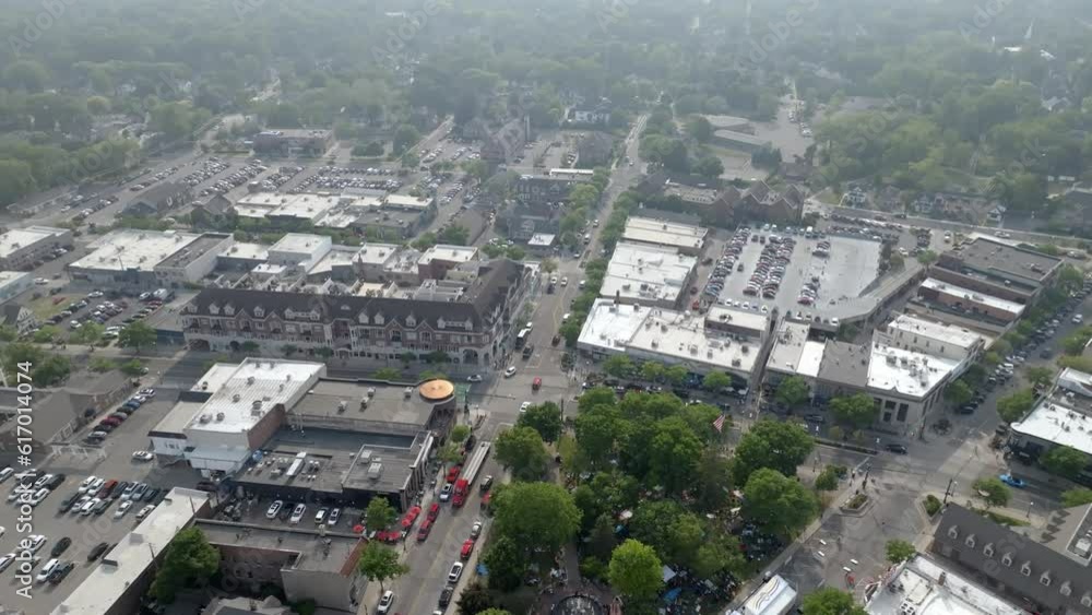 Downtown Plymouth, Michigan with drone video moving in wide shot. Downtown Plymouth, Michigan with drone video moving in wide shot.