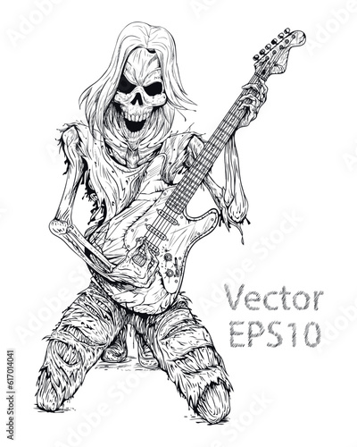 Hand drawn of Skeleton Rocker Playing Guitar Images, Illustration, Poster, Postcard, Vector , Tshirt, ceramic.  