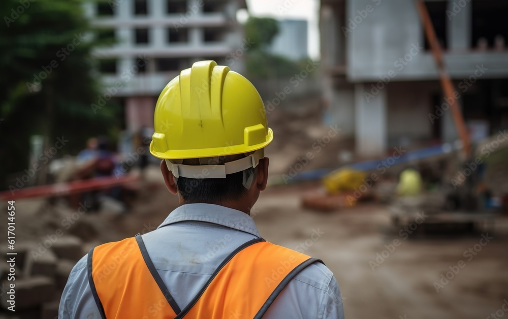 Construction worker in a helmet at the construction site. AI, Generative AI Construction worker in a helmet at the construction site. AI, Generative AI