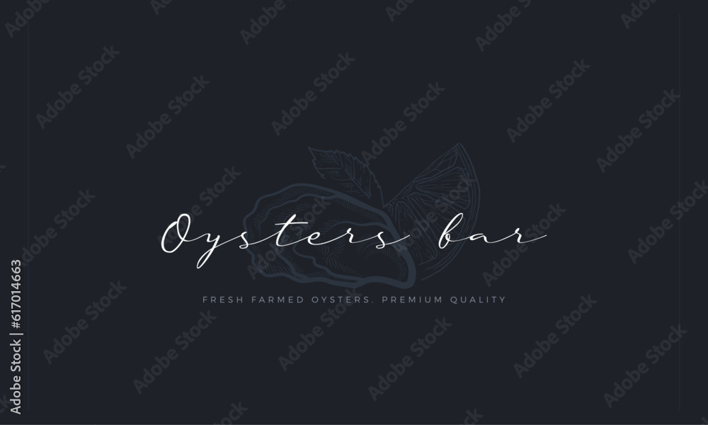 Oyster bar banner with hand drawn closed oyster shell and lemon on the background. Dark blue premium, luxury feel template for menu cover, invitation, banner, flyer or business card Oyster bar banner with hand drawn closed oyster shell and lemon on the background. Dark blue premium, luxury feel template for menu cover, invitation, banner, flyer or business card