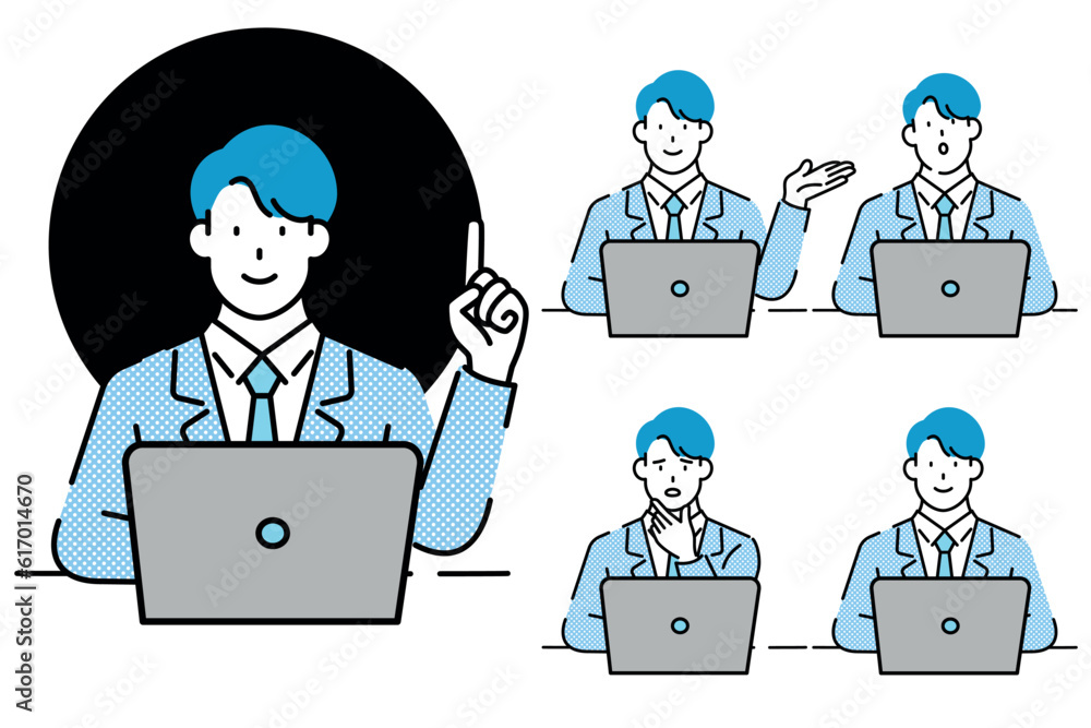 Businessman sitting in front of laptop. Set of different poses. Vector illustration Businessman sitting in front of laptop. Set of different poses. Vector illustration