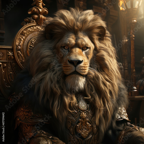 Lion on the royal throne in the palace. AI generative.