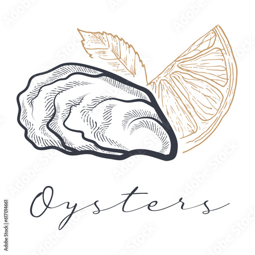 Oyster with lemon hand drawn sketch vector illustration. Closed oyster shell in front of lemon with text.